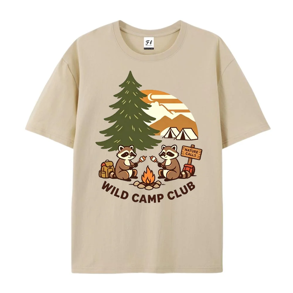 Wild Camp Club Graphic T Shirt Unisex Cute Raccoon Forest Mountain Campfire Print Casual Outdoor Camping Nature Streetwear Tee