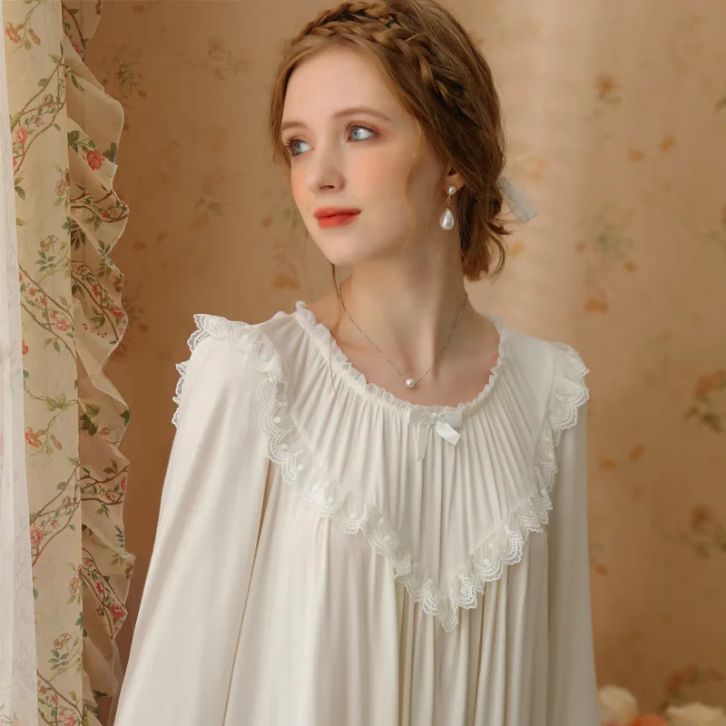 

Vintage Night Dress Women Spring Summer Long Sleeve Robe Modal Cotton Sweet Loose Nightgown Fairy Nightwear Princess Sleep Wear
