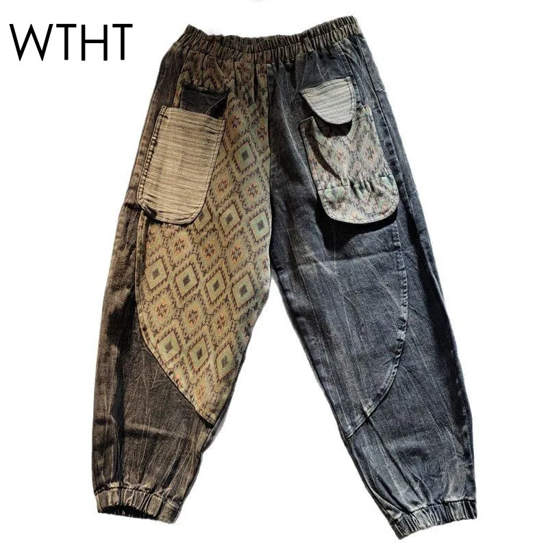 

WTHT Vintage Women's Patchwork Plaid Loose Denim Pants Fashion Elastic Waisted Casual Harem Jeans Female 2025 Summer 1LS1422