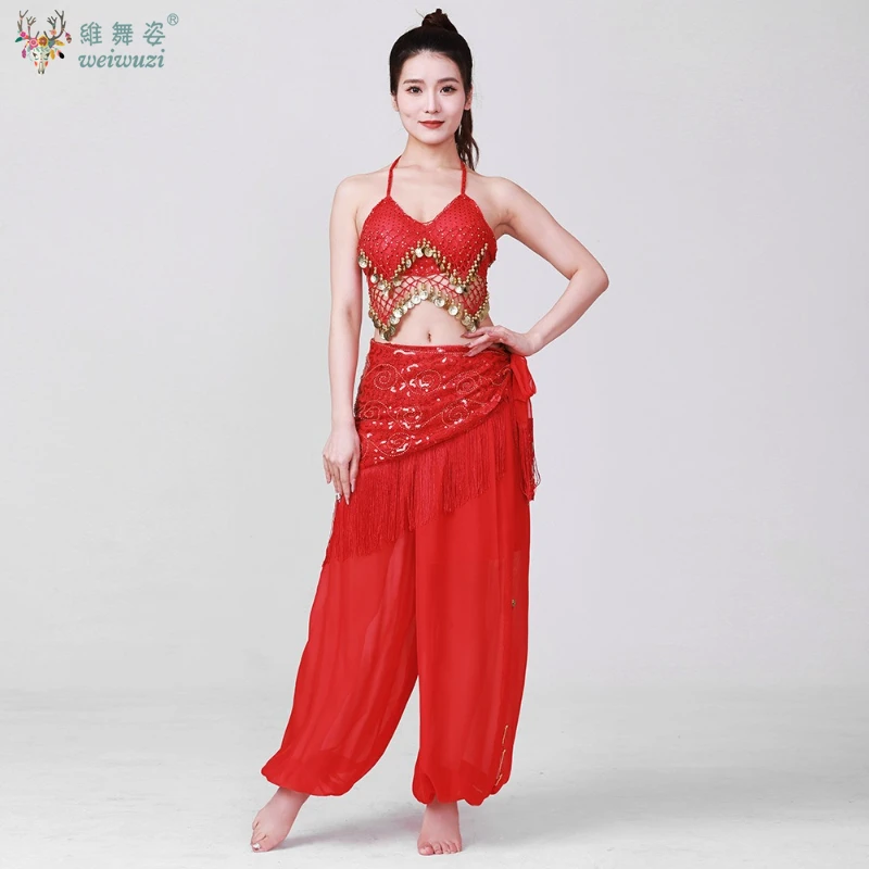 ผู้ใหญ่เงา Belly Dance ชุดผู้หญิงเลื่อม Top + กางเกง + เข็มขัดชุด Lady Oriental อินเดียเต้นรําเจ้าหญิงอาหรับเสื้อผ้าชุด