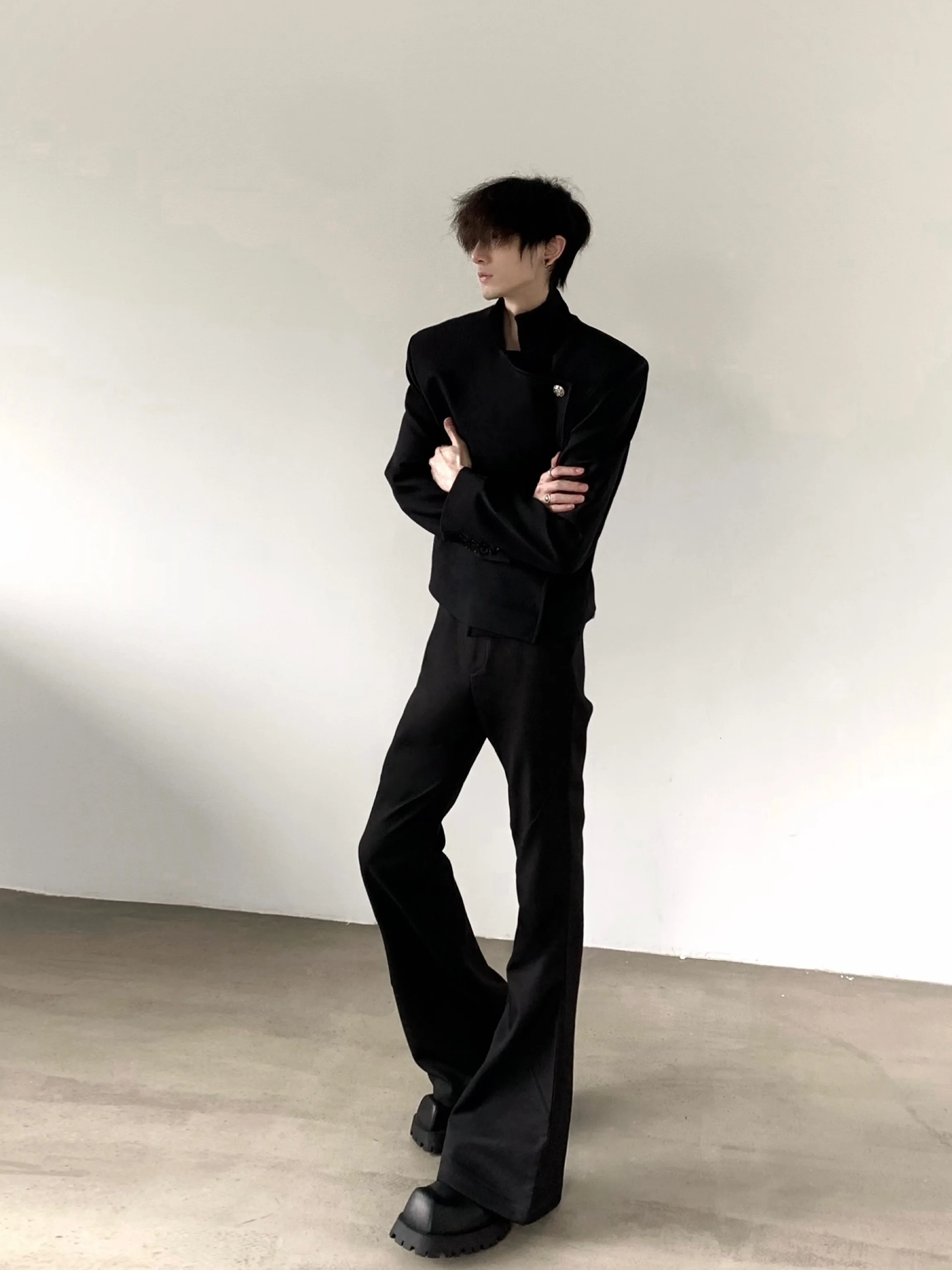 Cleanfit High Waist Flared Casual Commute Men's Pants Dark Splitting Hand Ironed Pleats Comfortable Composite Fabric
