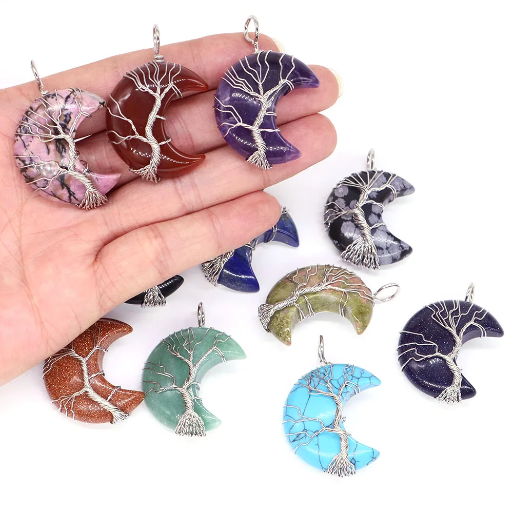 Natural Crystal Wire Wrap Tree Of Life Big Moon Crescent Pendant Mineral Stone Pendulum Amethyst Quartz Necklace For Women Gifts