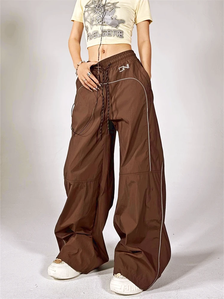 QWEEK Y2K Vintage Brown Cargo Pants Women Streetwear Reflective Gray Track Trousers Oversized Gorpcore Wide Leg Black Sweatpants