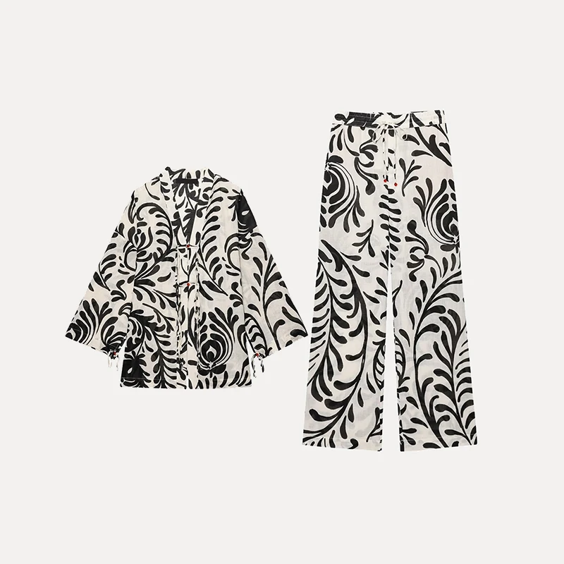 

Новинка лета 2024, женское кимоно с принтом, верхняя одежда 273084, брюки с принтом 273089, длинные брюки из полиэфирного волокна, V-Ne на пуговицах