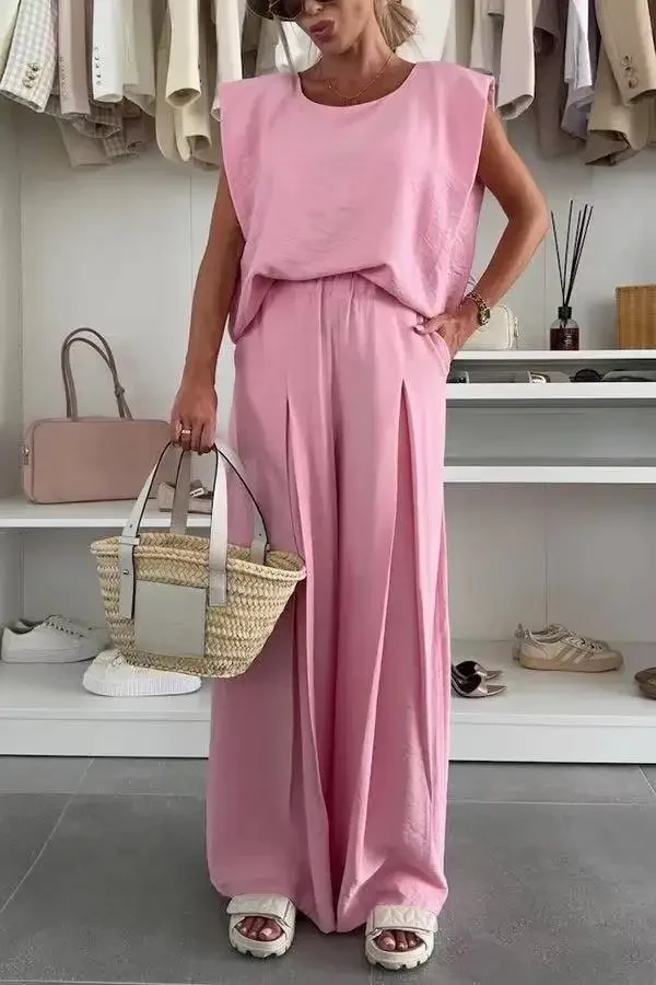 

Fashion Solid Color High Waisted Loose Outfits Simple O Neck Sleeveless Tops+Wide Leg Pants Set Women Summer Commute 2 Piece Set