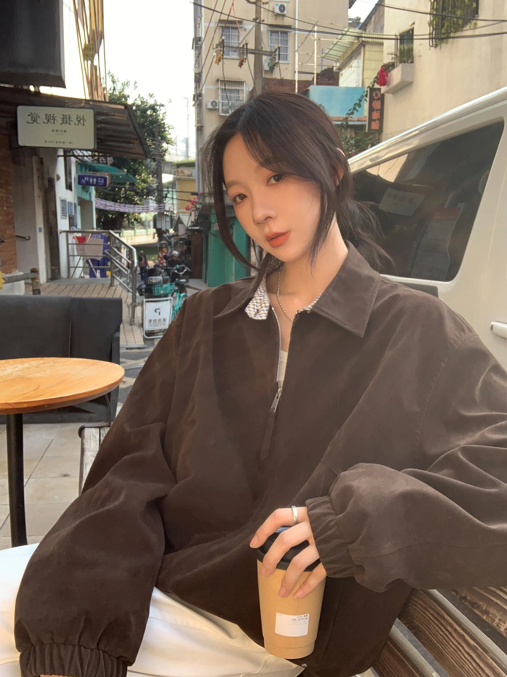 

American Sle Plaid Color Blo Collar Jaet Women's Casual Long Sve Zipper Closure Coat Versatile Coffee Brown