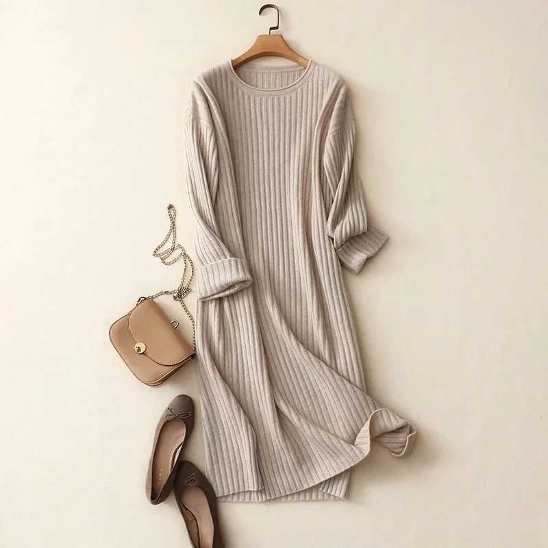 ribbed knitted 100% cashmere sweater dresses women