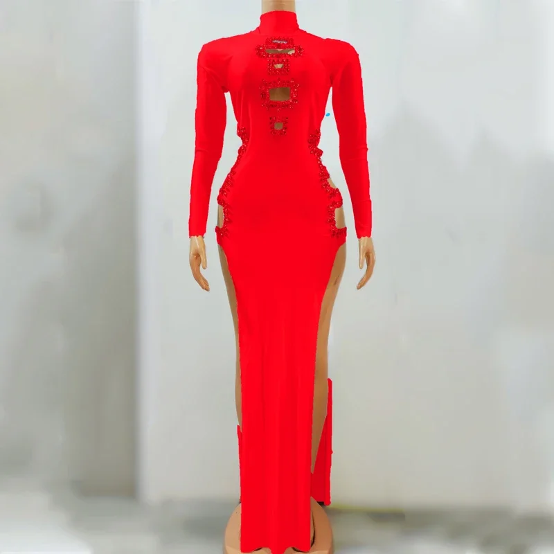 7 farben Lange Ärmel Strass Schlitz Kleid Frauen Ausschnitt Party Tanz Kleid Feiern Kostüm Bühne Festival Outfit XS6444