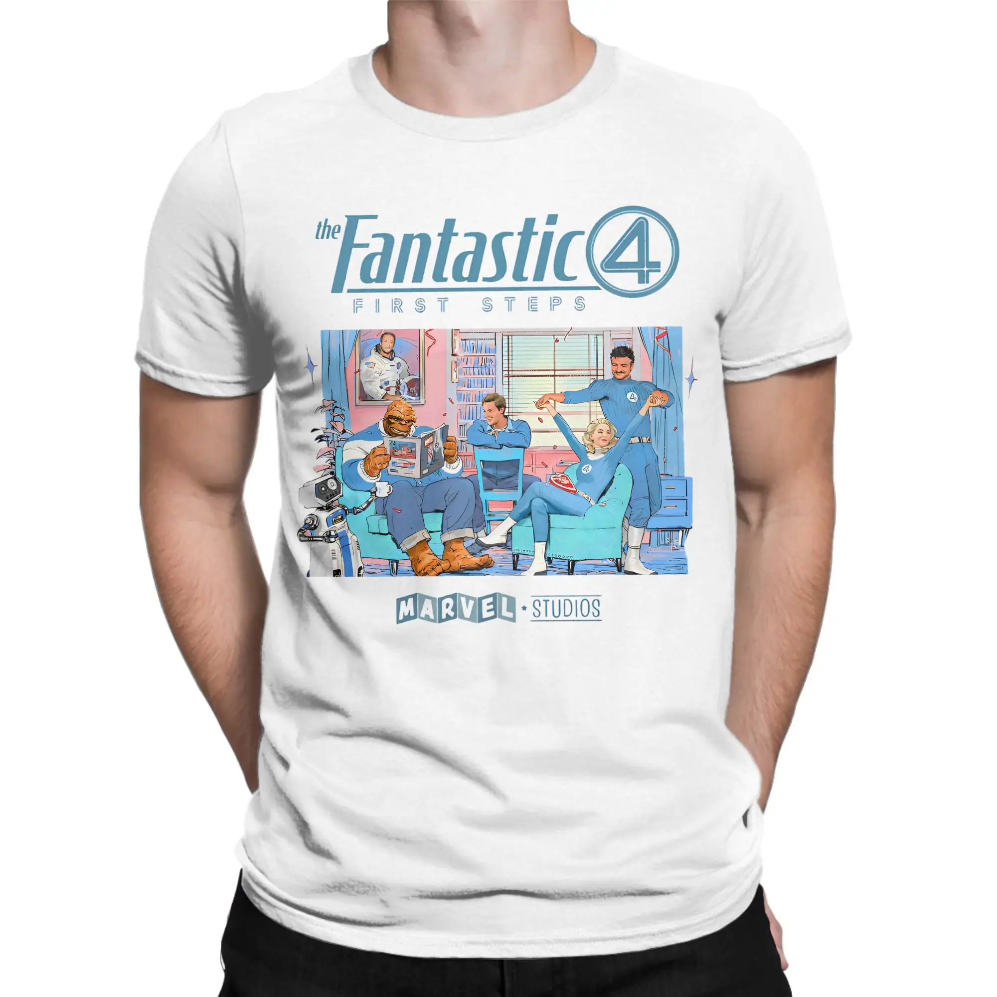 تي شيرت رجالي The Fantastic Four First Steps Retro Team تي شيرت قطني رائع بأكمام قصيرة ملابس برقبة دائرية مقاس كبير