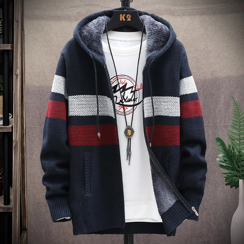 

Men's Winter Hooded Fleece Sweater Warm Cardigan Mens Striped Patchwork Slim Sweaters Coat Knitted Male Plus Size Loose Jackets