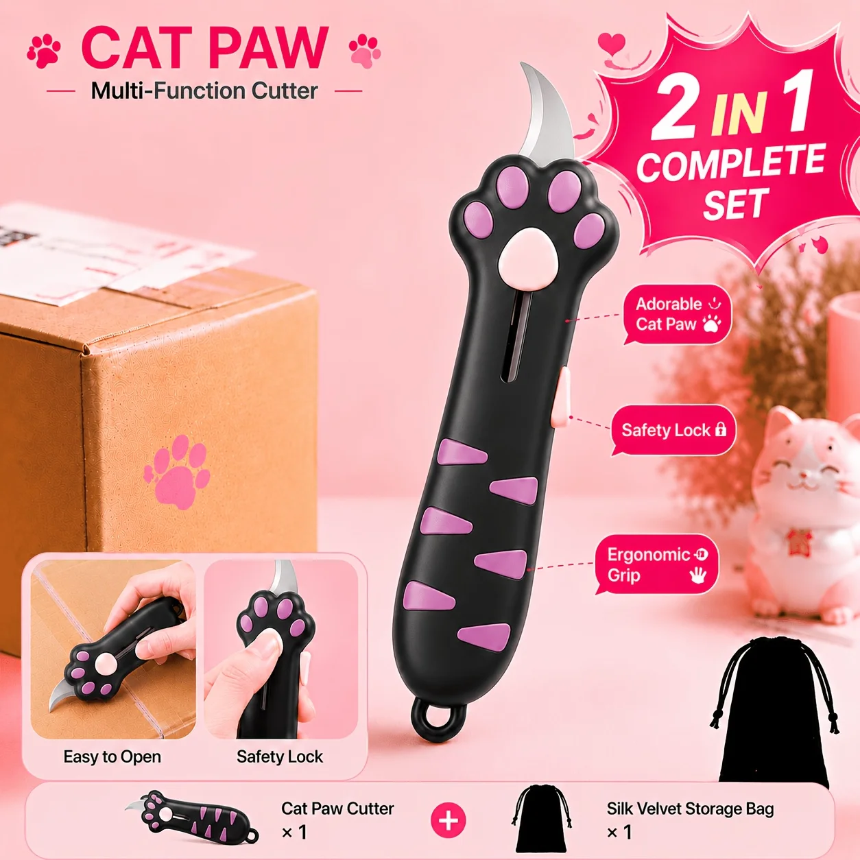 Cute Cat Paw Box Cutter, 2‑In‑1 Multi‑Function Utility Knife with Safety Lock, Ergonomic Grip Package Opener with Velvet Storage
