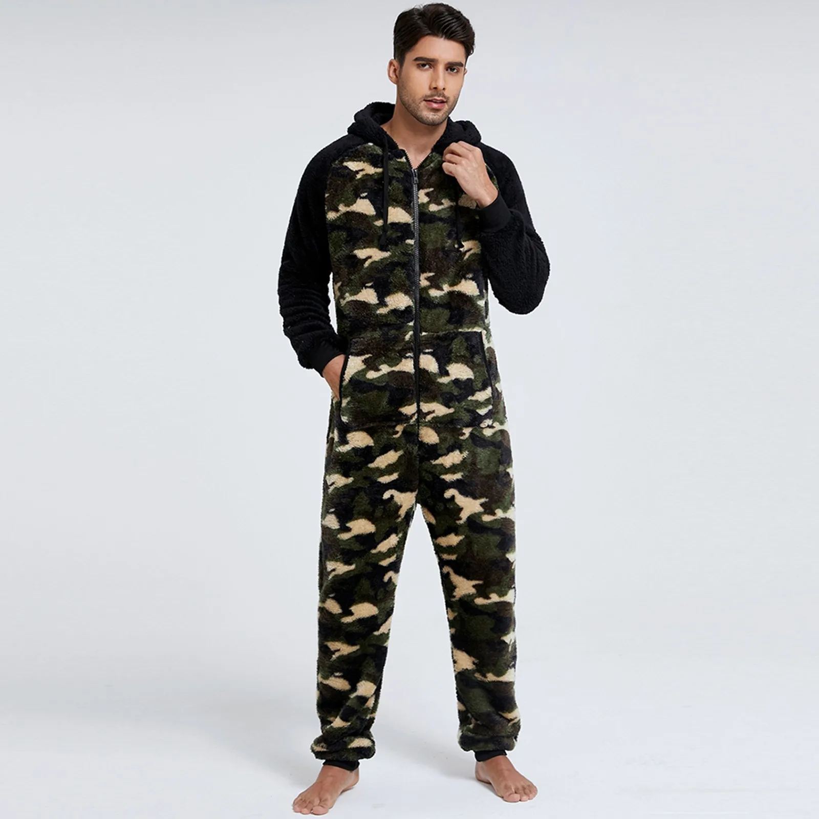 

Mens Jumpsuit Onesie Pajamas Christmas Bodycon Romper Sleepwear Adult Print Camouflage Long Sleeve V Neck Home Wear Male