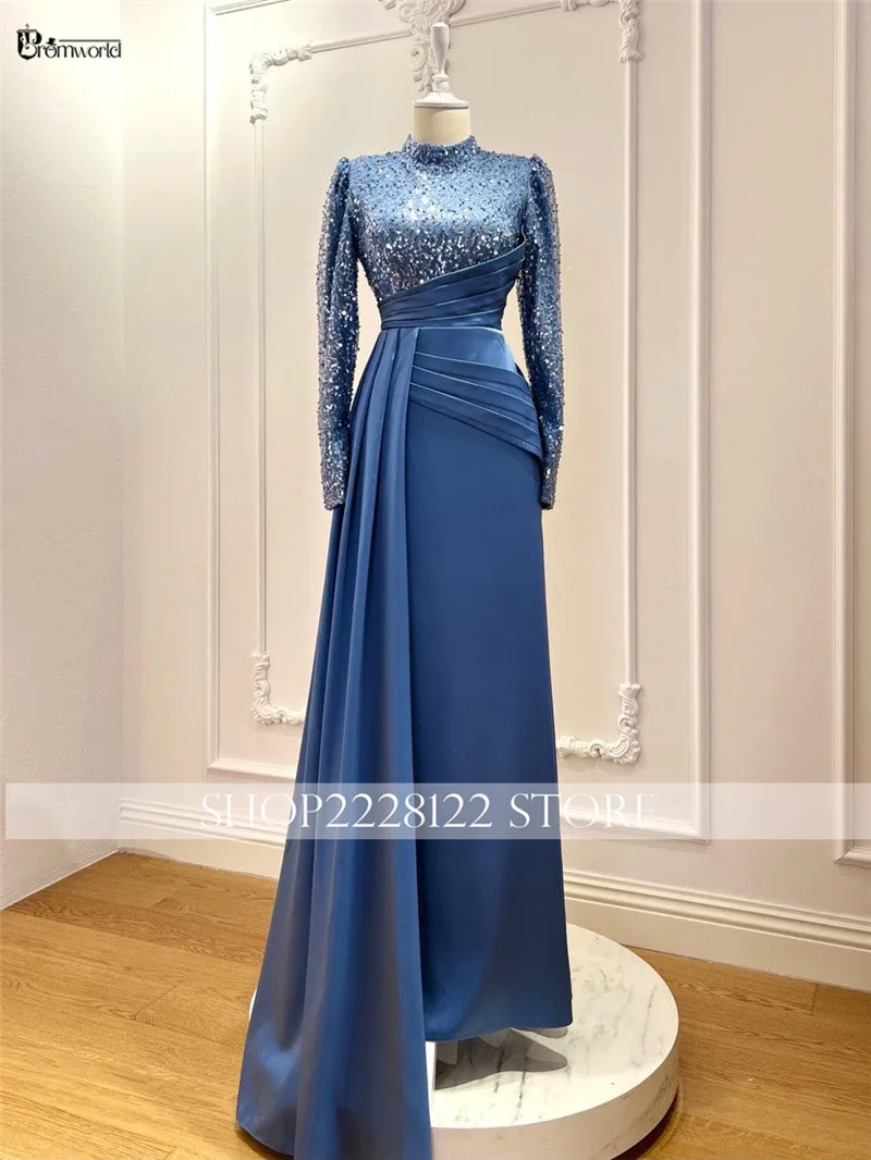 Customized Muslim Formal Dress Long Sleeves Elegant Arabic Evening Gown High Neck Beaded Satin Robes De Soirée Prom Party image 3