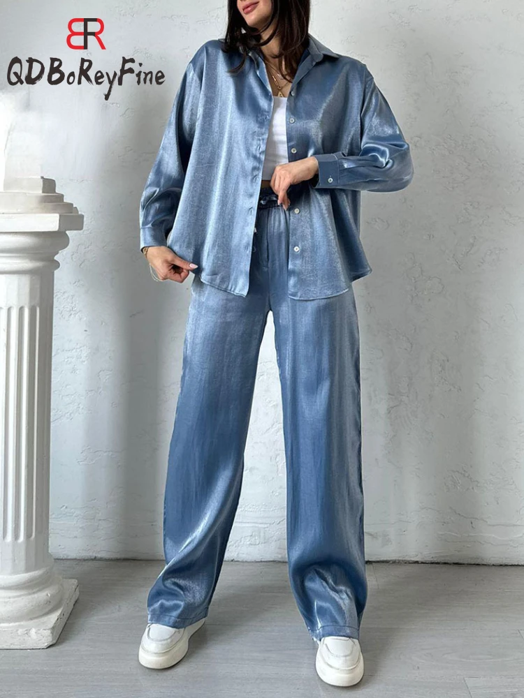 Casual Women Sets Summer Spring Loose Long Sleeve Oversized Shirt Wide Leg Trousers Suit Female Bright Silk Pant Two Piece Sets