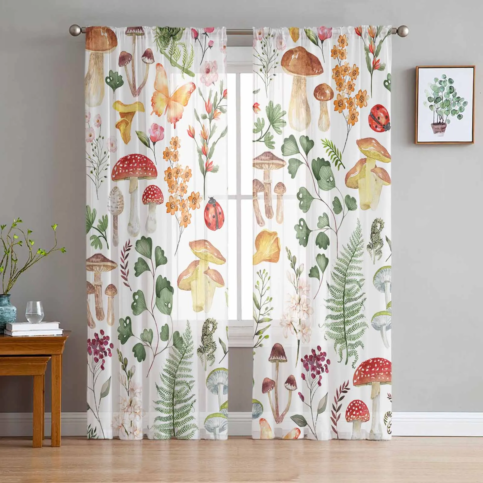 Mushroom Plant Butterfly Ladybug Watercolor Sheer Curtains for Living Room Decor Window Curtains Kitchen Tulle Voile Curtains