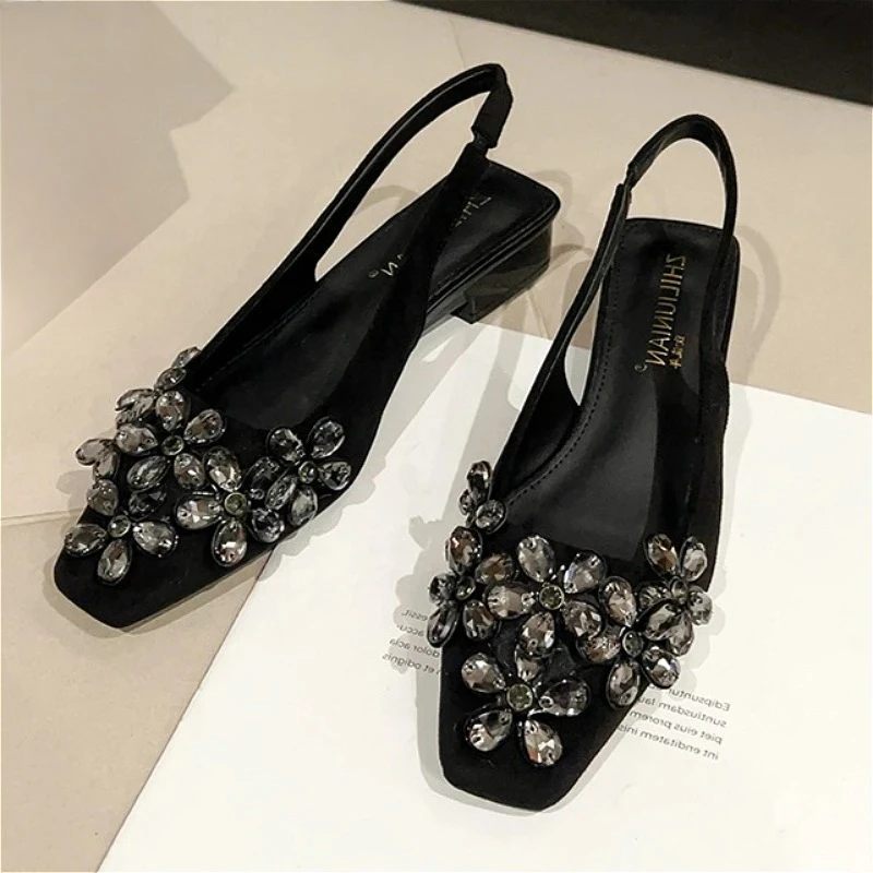 

Роскошные женские босоножки со стразами, лето 2026, элегантные туфли-мюли с ремешком на пятке, женские туфли-лодочки с квадратным носком и низким каблуком, украшенные кристаллами