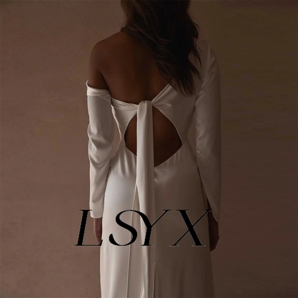 LSYX Sleeveless Simple One-Shoulder Long Sleeves Sheath Wedding Dress Soft Satin Open Back Floor Length Bridal Gown Custom Made