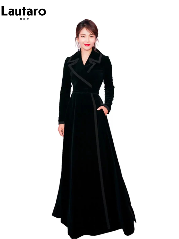 

Lautaro Spring Autumn Extra Long Black Velvet Trench Coat for Women Single Breasted Modest Elegant Luxury Chic Maxi Overcoat