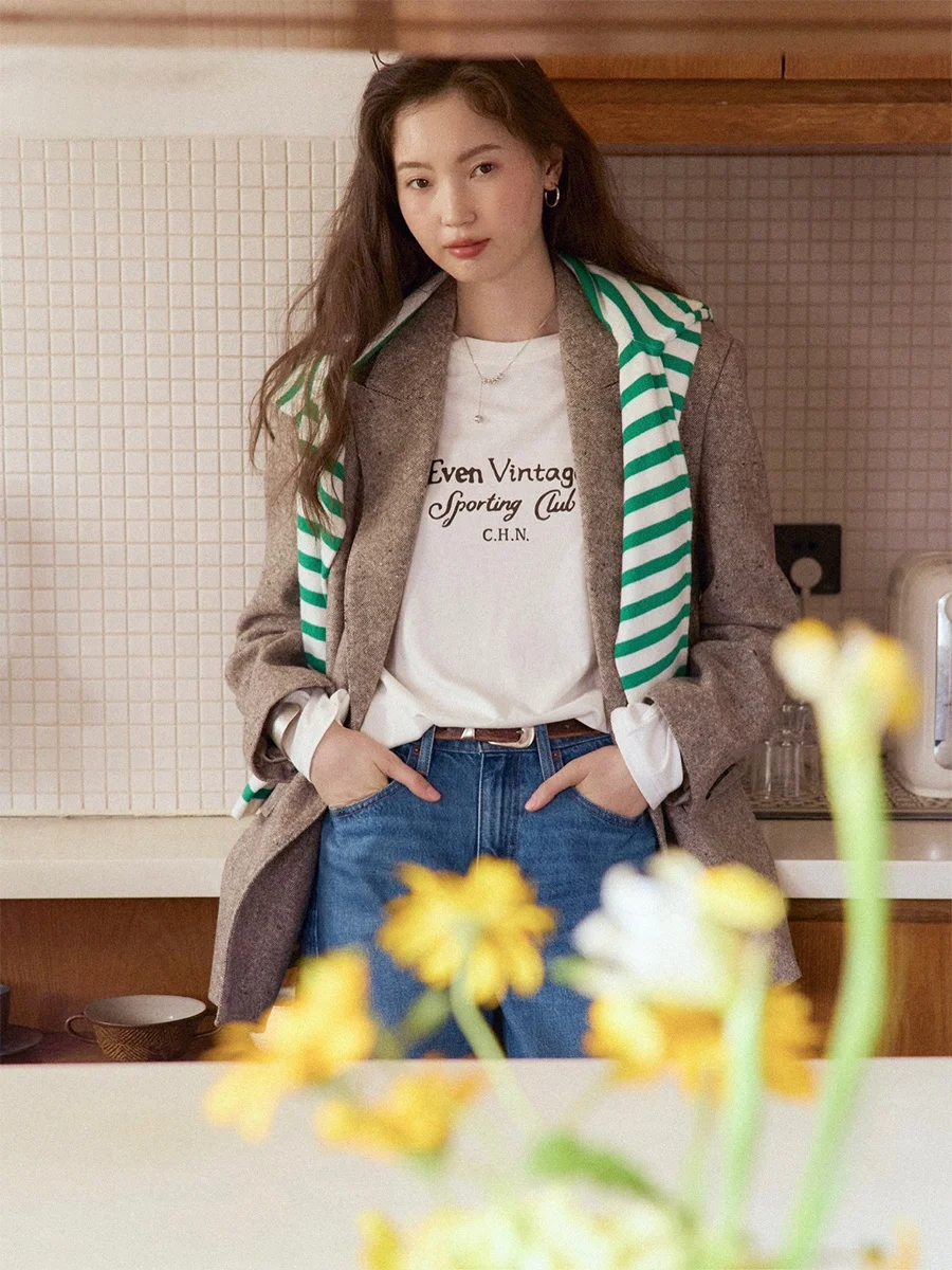 

Retro Oversized Woolen Suit Jaet Women's Autumn Winter Faion Aosphere Sensation Straight Cut Original Design Long Sve