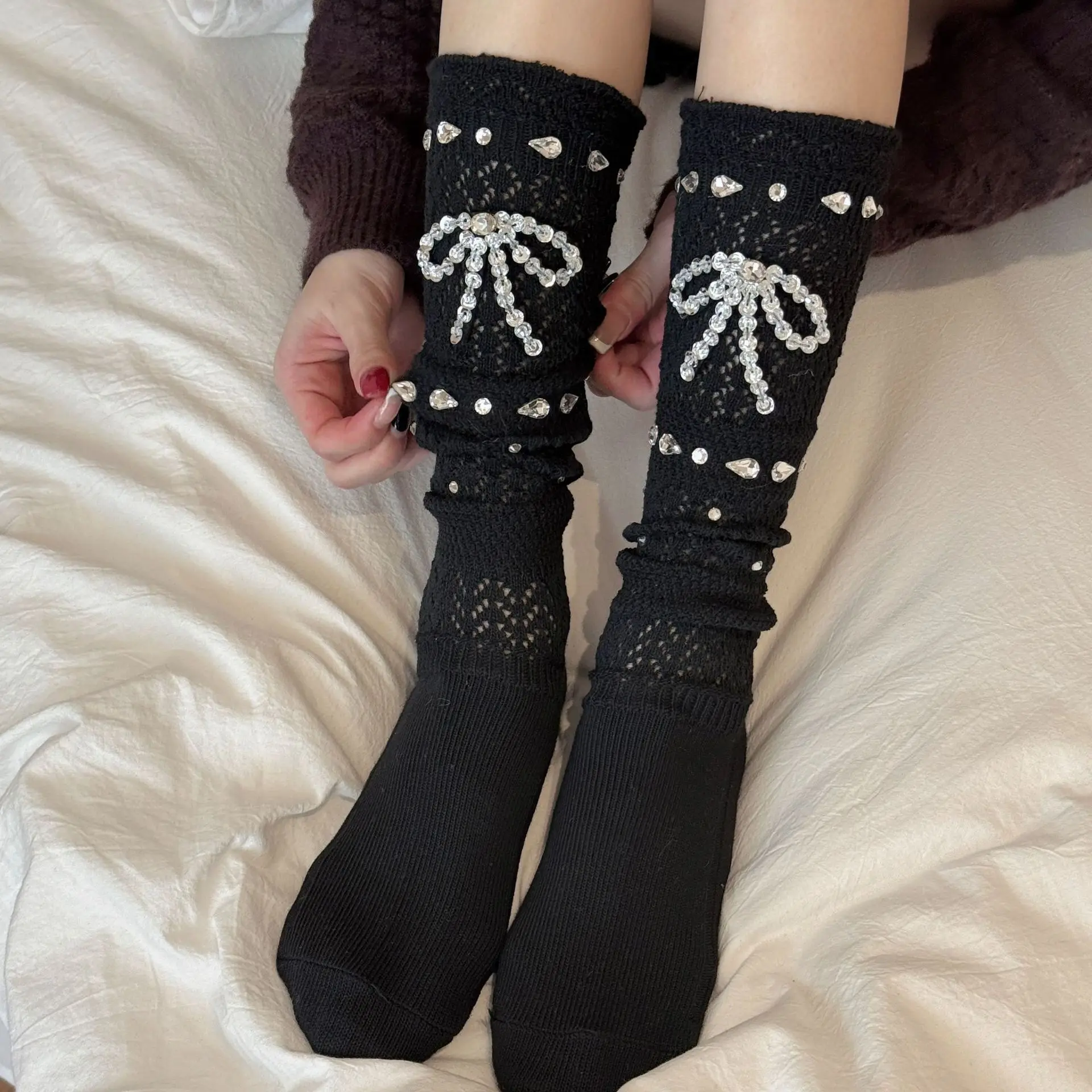 

Ballet Korean Ins Style Diamonds Mid-calf Socks Lolita Bow Lace Edge Niche Rhinestone Princess Socks Cotton Sweet Calf Socks