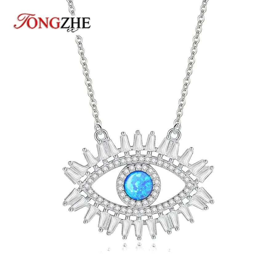 TONGZHE Evil Eye Necklace AAA Cubic Zirconia 925 Sterling Silver Necklace Women Turquoises Classic Eye Link Chains for Jewelry