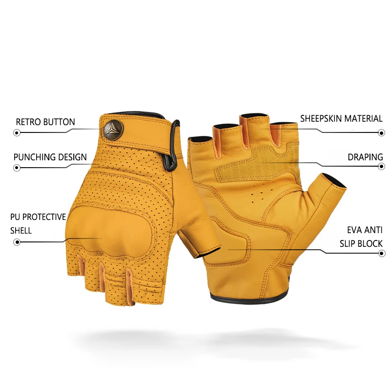 Summer Motorcycle Fingerless Gloves Accessories Goatskin Leather Half Finger Gloves Motocross Gloves 6