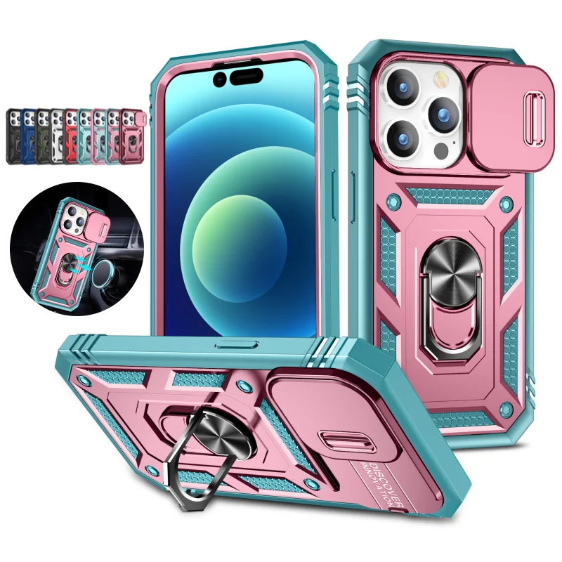 Slide Lens Camera Protect Shockproof Armor Case For iPhone 16 15 14 13 12 11 Pro Max Plus 13Mini Magnetic Holder Ring Back Cover