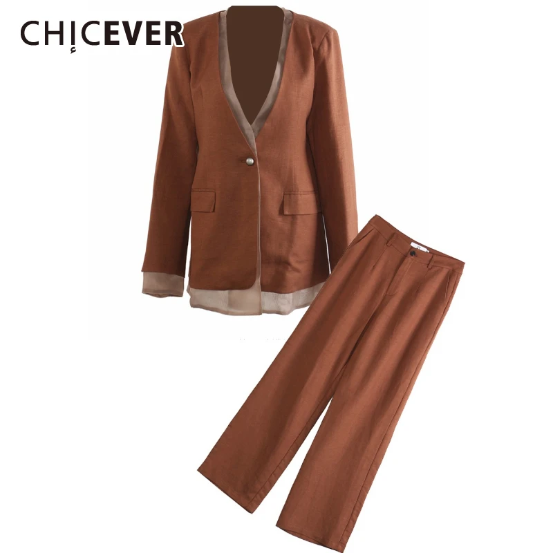 

CHICEVER коричневый комплект из двух предметов с карманами, женская куртка с v-образным вырезом и длинными рукавами, французские повседневные женские брюки, модный стиль