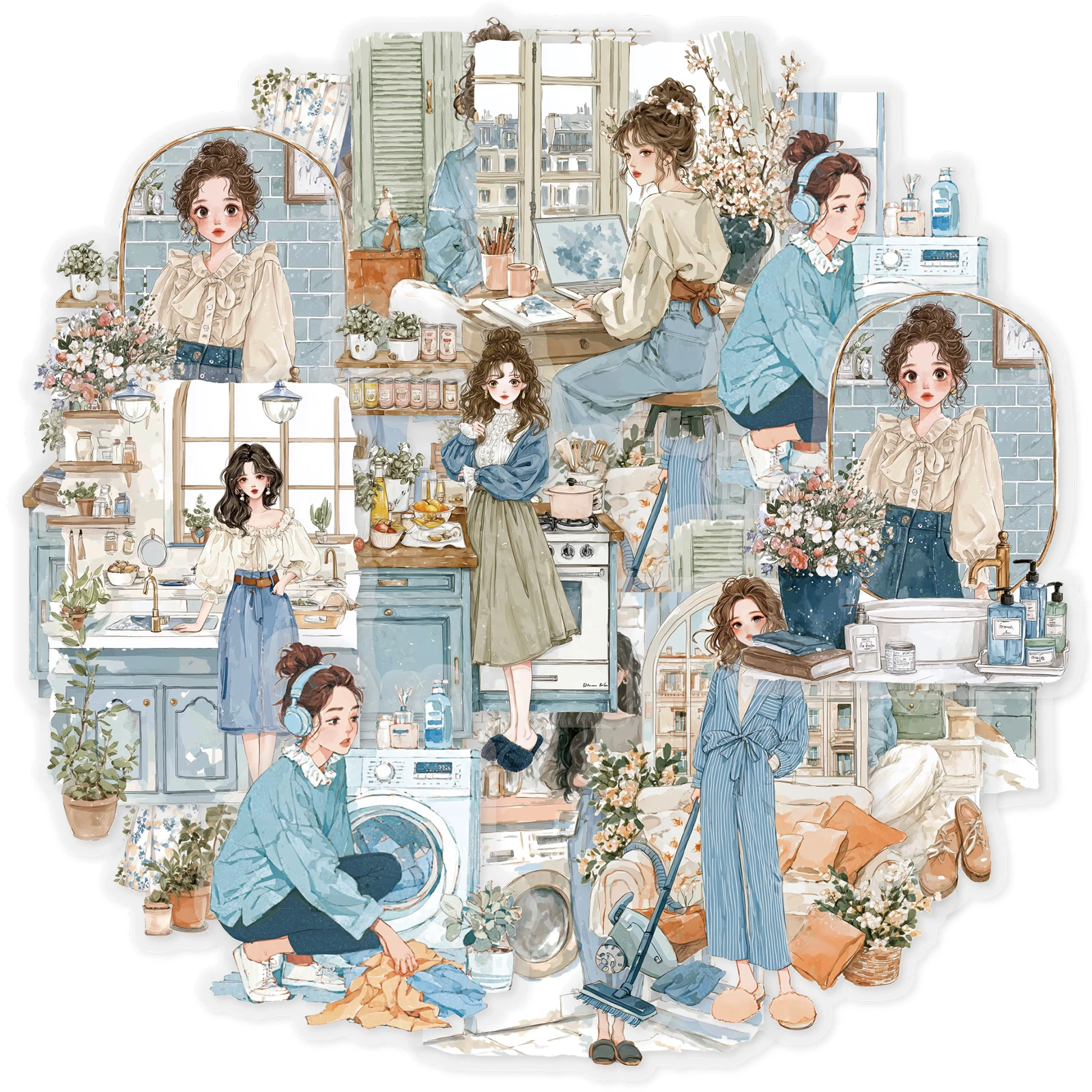 Etori Life Home Life Girl Muster Haustier-Aufkleberpaket DIY Scrapbooking-Zubehör, Notizbuch, Telefonaufkleber, Fotoalbum, Kunstdekoration, Geschenkpapiertüte für Kinder, Spielzeugaufkleber