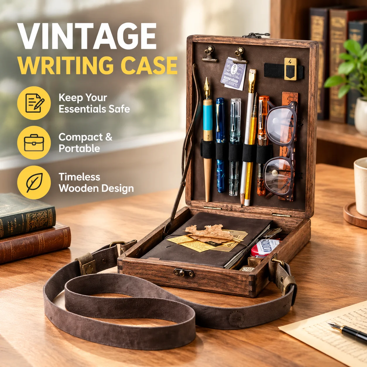 Carbonized Wooden Briefcase Writing Storage Box Vintage Manuscript Desktop Organizer Case 25x19x6cm Outer 23x17x4.5cm Inner