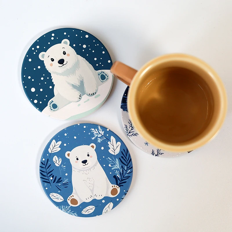 

1/3PCS Polar Bear Ceramic Coaster Heat Insulation High Temperature Resistant Drink Cup Mats Absorbent Pad Table Protector Decor