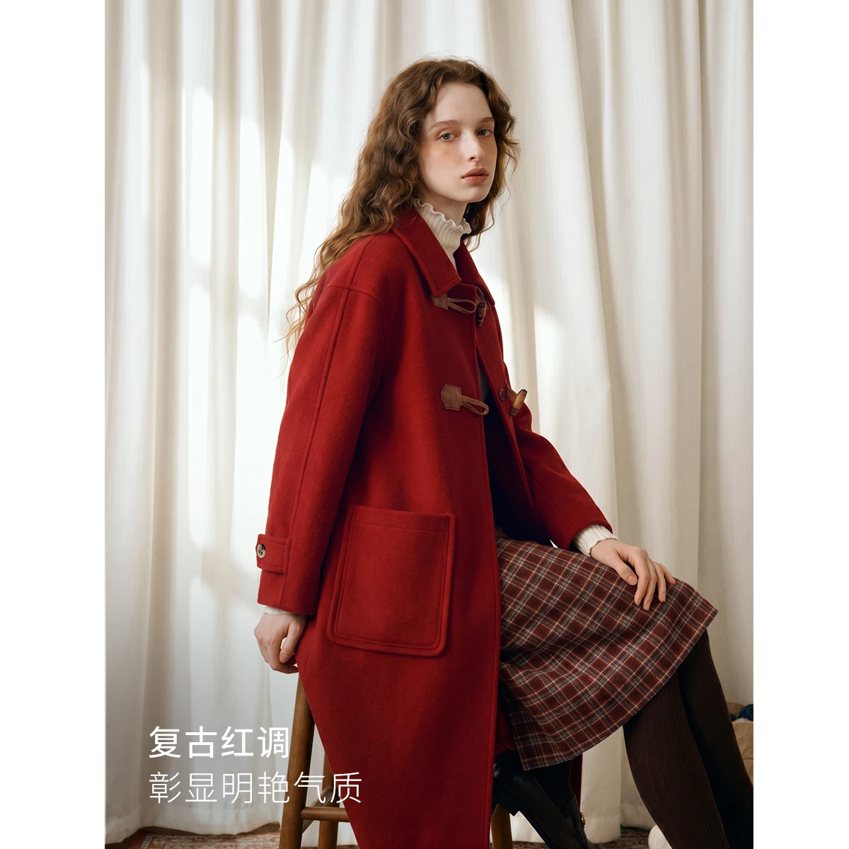 OLrain clothing 2026 autumn and winter new French retro red temperament medium and long double-sided woolen c WGO58QS010022