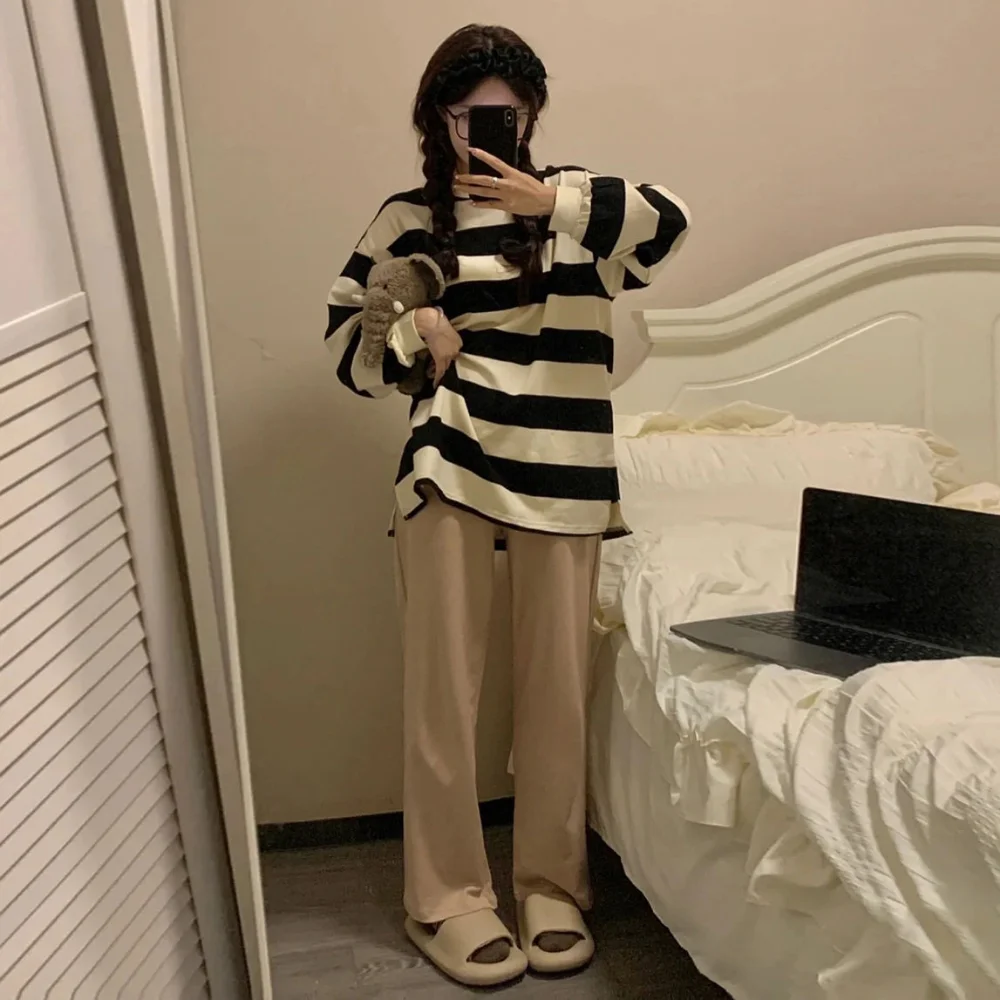 

Pajama Sets Women Loose Leisure Vintage Striped Design Simple All-match Sleepwear Sweet Girls Home Lounge New Autumn Chic Trendy