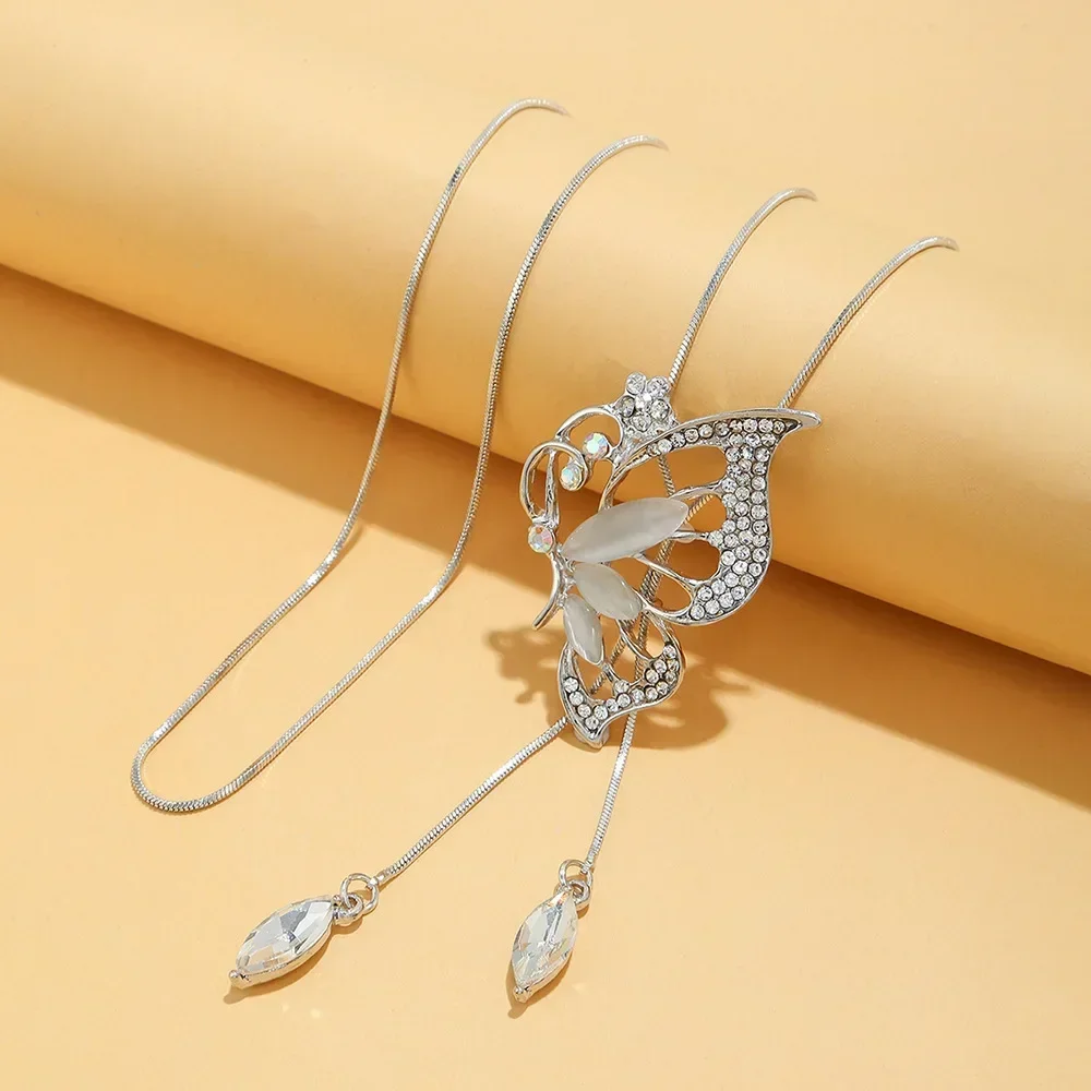 New Fashion Opal Crystal Butterfly Wings Long Necklaces & Pendants For Women Simple Elegant Trendy Jewelry Sweater Chain