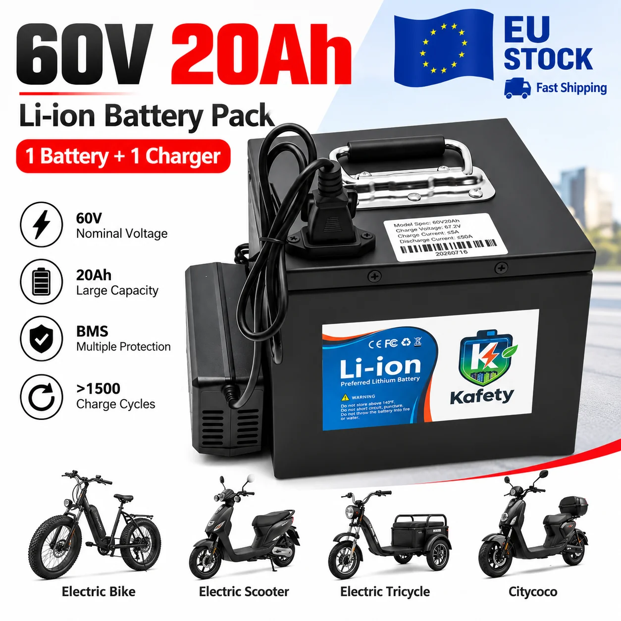 Batteria al litio ricaricabile da 60V 20Ah per bicicletta elettrica, scooter, e-moto 500W-3000W con caricabatterie, spedizione rapida in UE