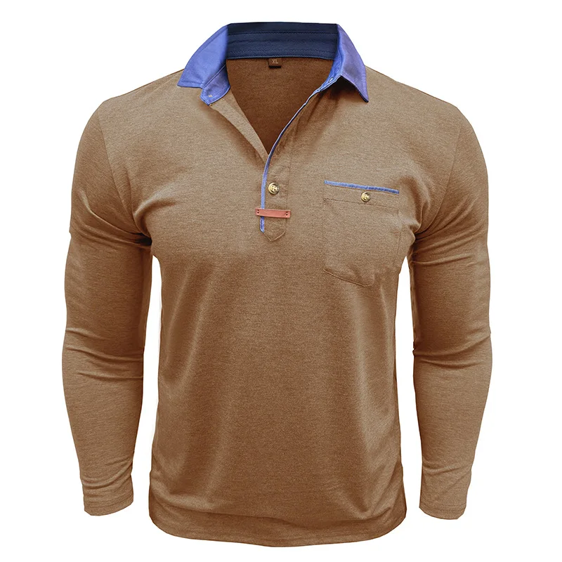 Langarm-Poloshirt für Herren, lässig, schmale Passform, Henley-Kragen, T-Shirt mit Tasche, Smart Blend Tops – Detail 35