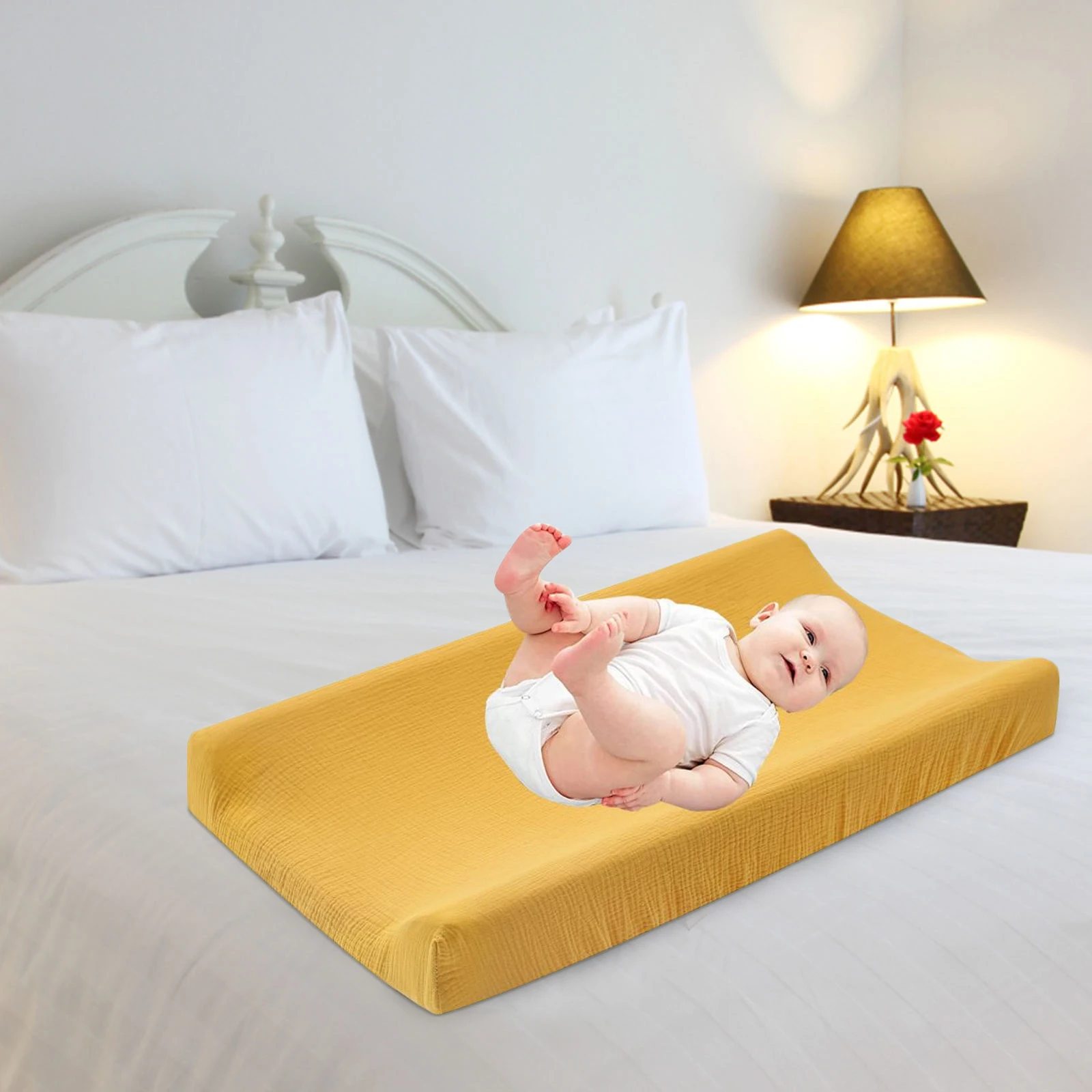 

2 pcs Cover Cotton Liner Waterproof Removable Elastic Baby Reusable Changing Pad Cover Diaper Pad Sheet Gray Wave