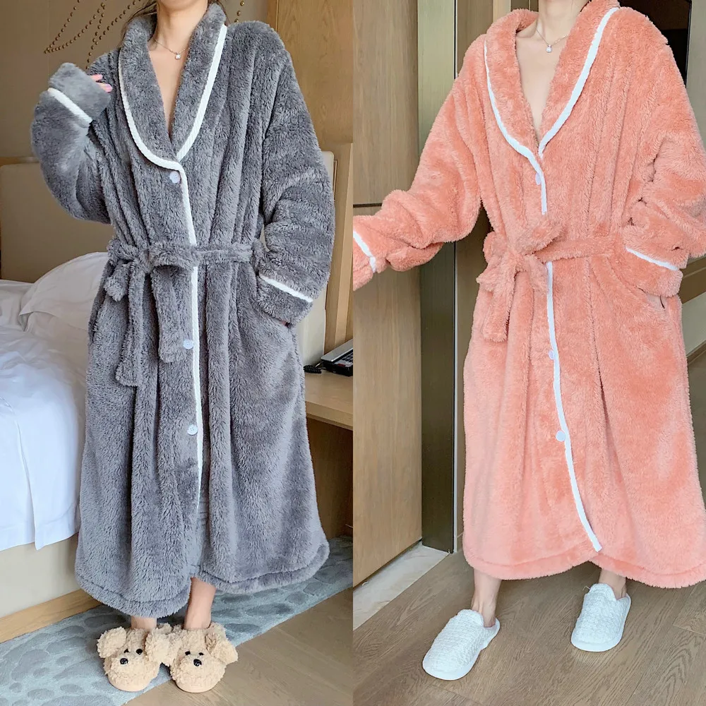 Flannel Robes Women Thick Warm Simple High Quality Bathrobes Female Sashes Sleepwear Patchwork Sweet Kawaii Tender Homewear Ins