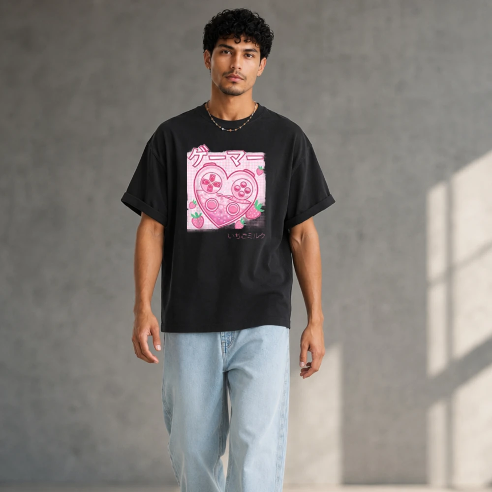 Pink Heart-Shaped Game Controller Japanese Text Strawberries Black Crew Neck Short Sleeve Graphic T Shirts Men Clothing Casual