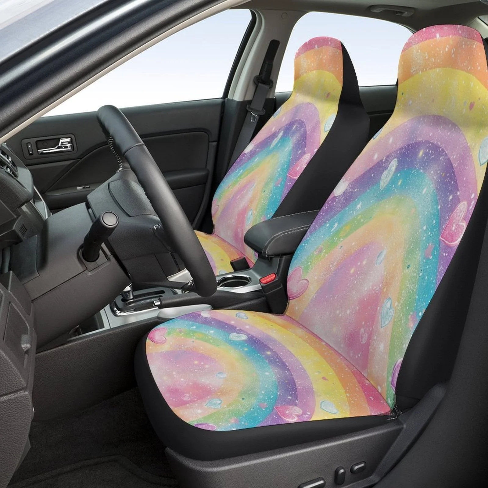 Rainbow Hearts Designed Car Seat Covers Set For Most Cars, Trendy Novelty Decorative Car Seat Protector Covers Full Set, Univer