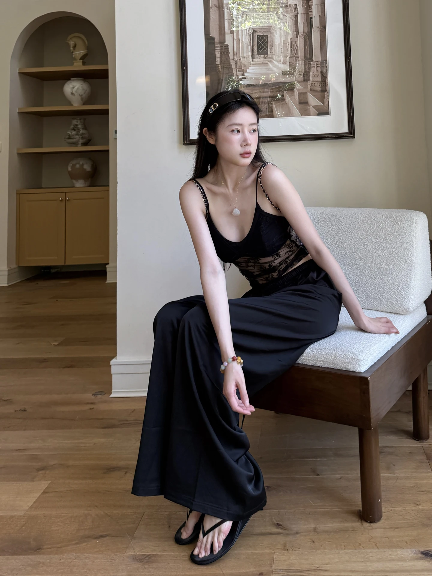 

Сексуальный черный кружевной комплект с драпировкой, женский модный костюм-двойка с завышенной талией и широкими брюками