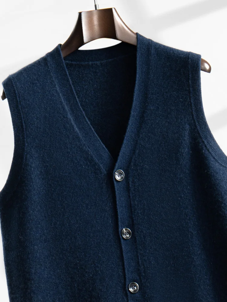 Luxury New Men's 100% Cashmere Waistcoat Sleeveless Cardigan Autumn Winter V Neck Sweater Buttoned Knitwear Vest Thick warm Tops