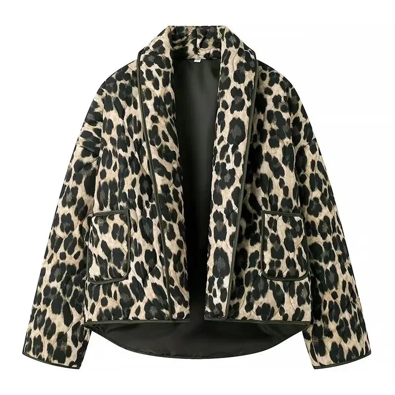 Y2K Leopard Print Quilted Coats For Women 2024 Autumn Winter New Long Sleeve Cotton Jacket Outerwear Ladies Cardigan Parkas