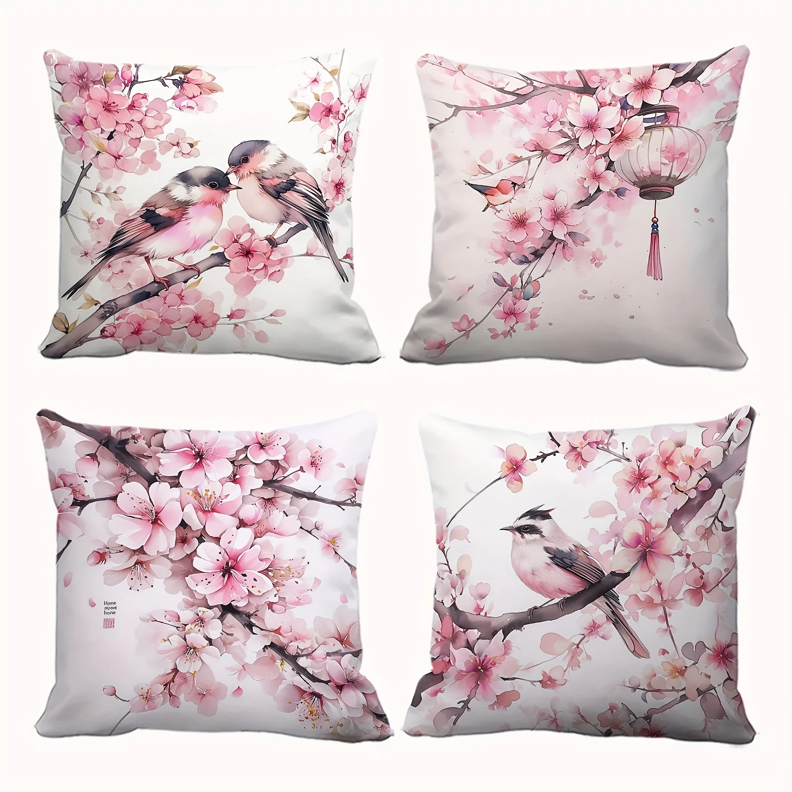 4-Piece Pillowcase Set, Square Cushion Covers with a Pink Cherry Blossom and Lantern Pattern on a White S Insert Not Included