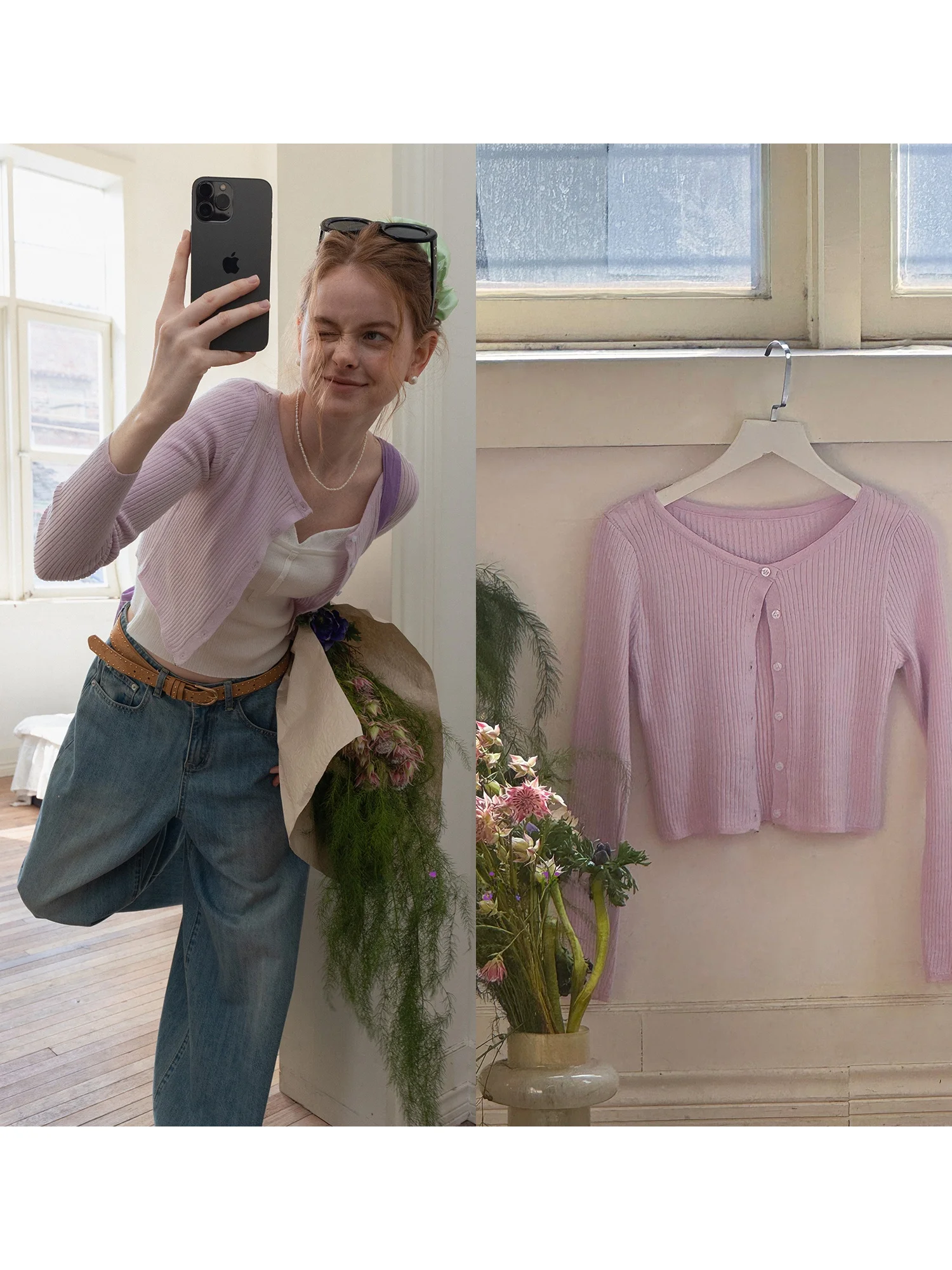 

EGGKA Women's Knitted Slim Fit Long Sve round Ne ort Cardigan Pure Color Ele Top Polyester Fiber Spring Season