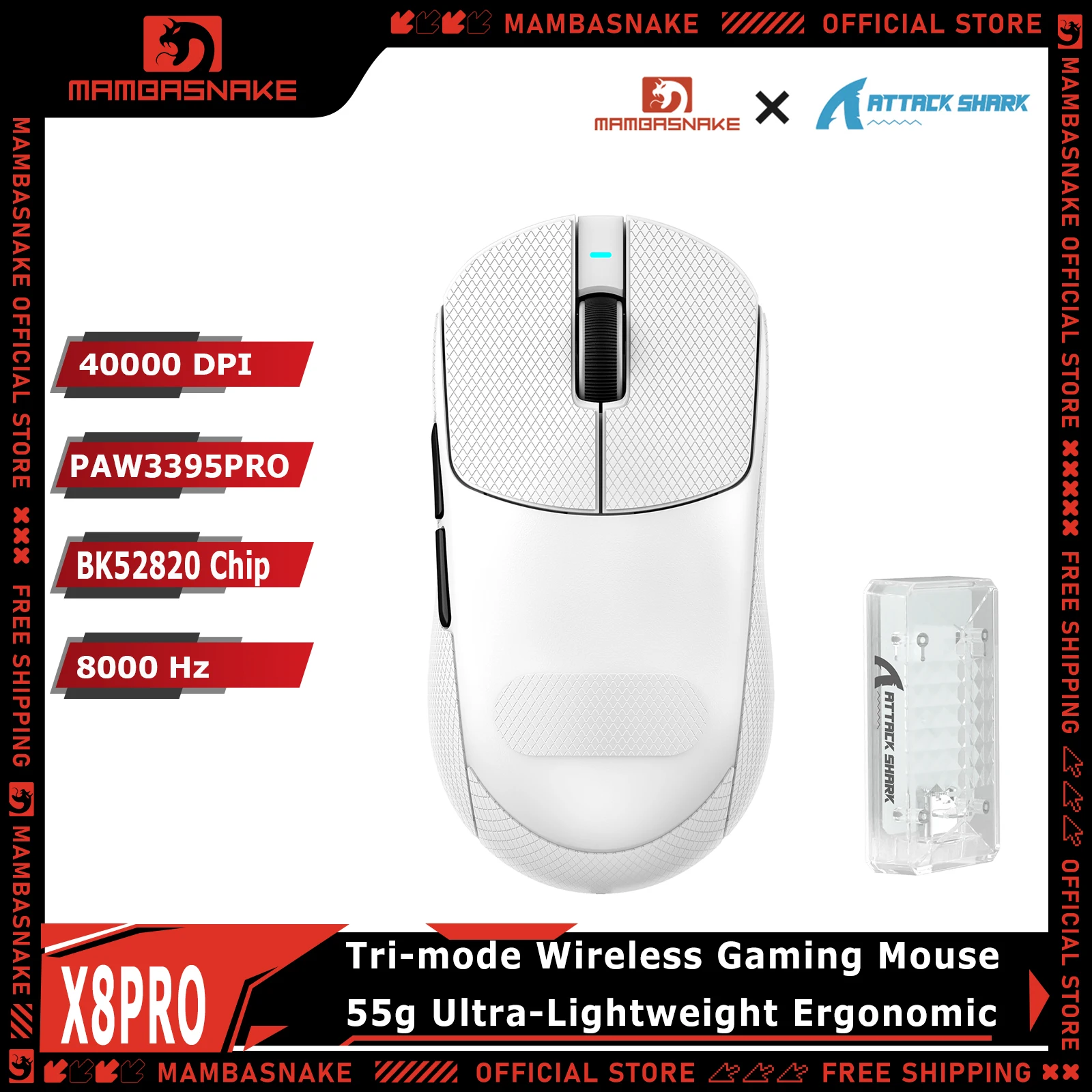 

MAMBASNAKE X ATTACK SHARK X8PRO Tri-Mode 2.4G Wireless Gaming Mouse 55g Ultra Light PAW3395PRO 8K Polling Rate 40000DPI For PC