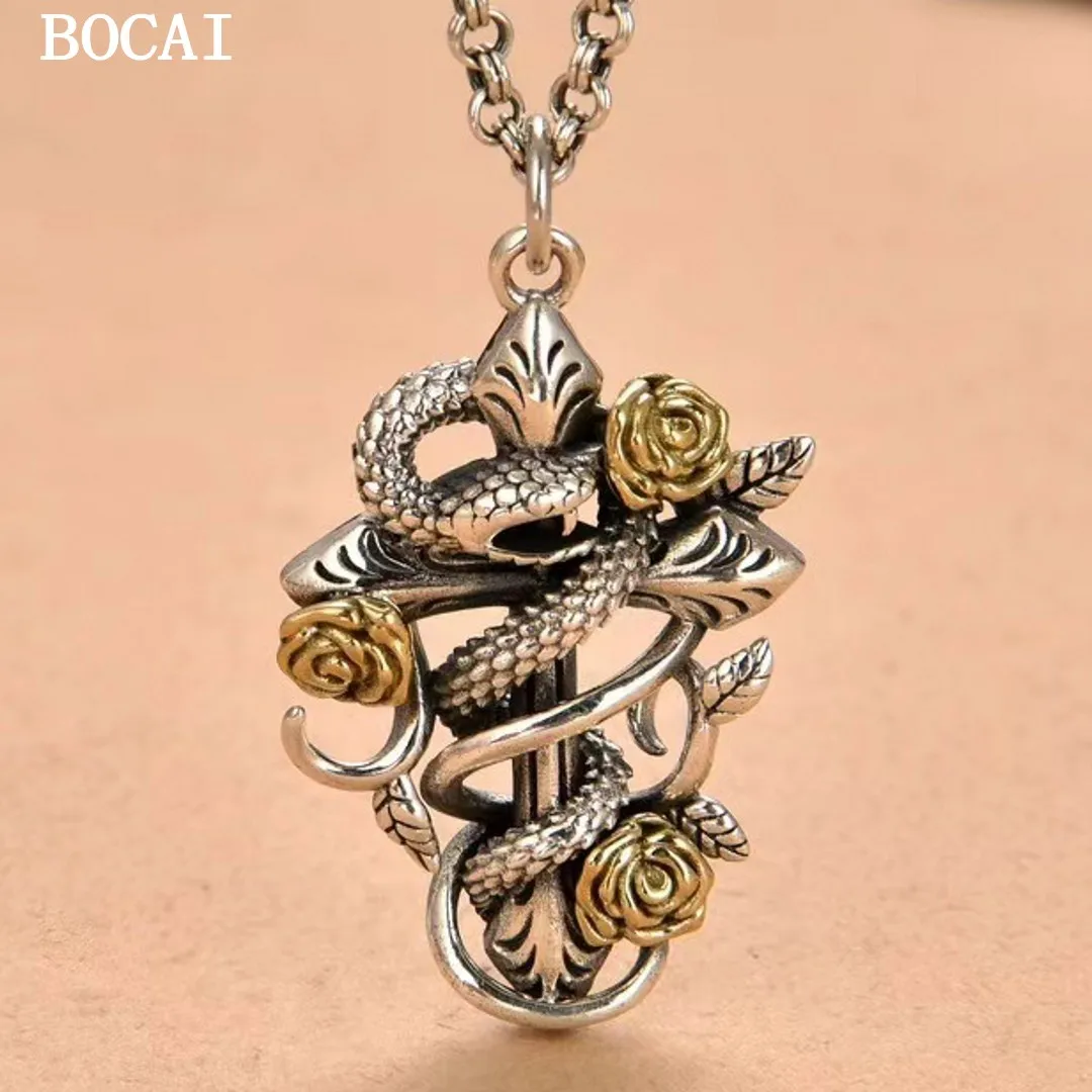 BOCAI NEW S925 Silver Vintage Thorn Rose Hip Hop Style Spirit Snake Wrapped Cross Pendant