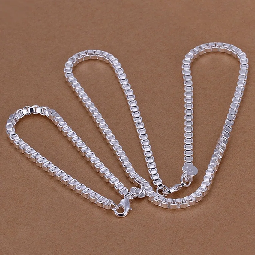 925 Sterling Silver Women Lady Factory Direct Wedding European Style Male 4mm Box Chain Fashion Necklace Bracelets Jewelry Set