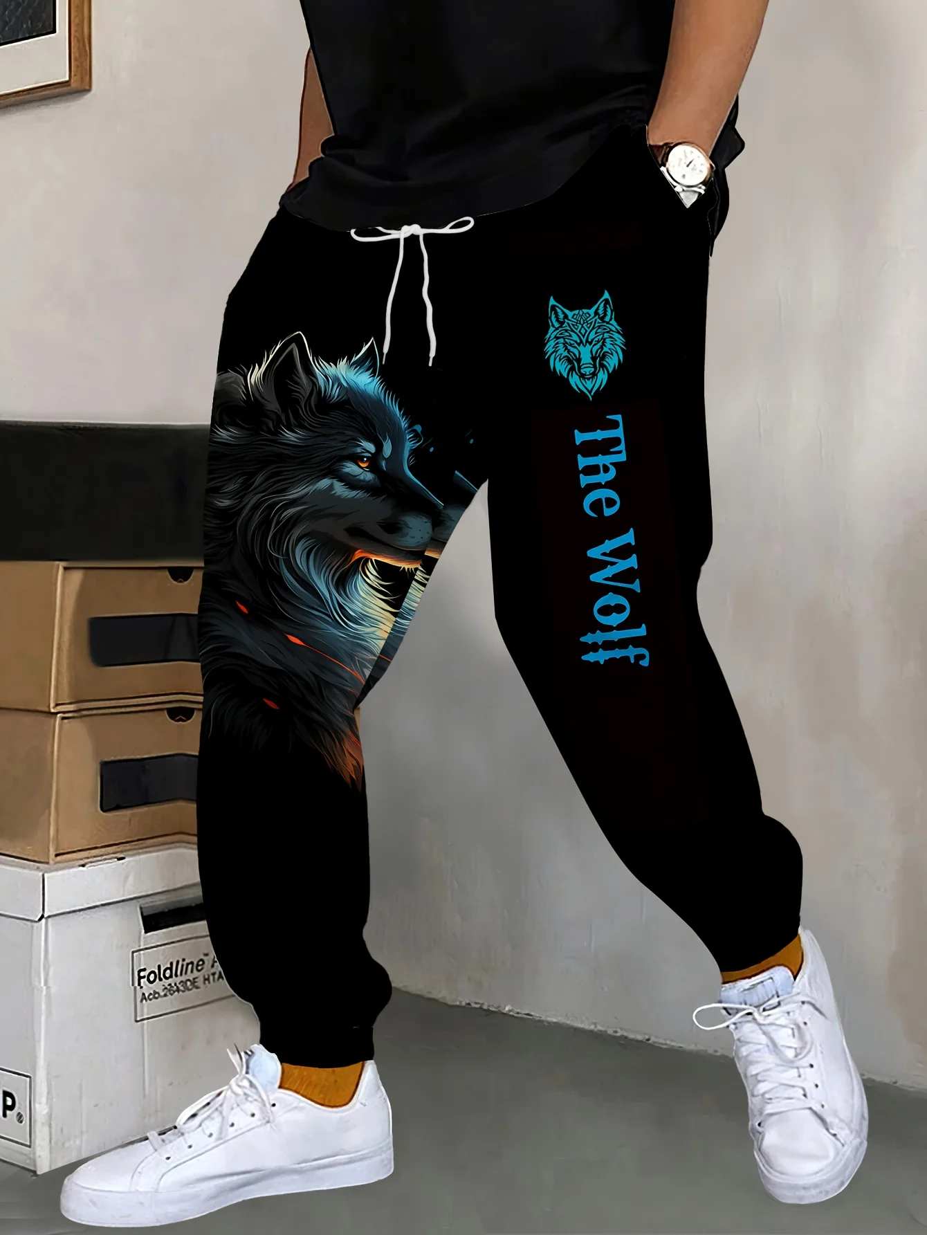 Hot Selling Fashionable Men's Autumn Wolf Print Comfortable Soft Drawstring Pants Outdoor Street Style Pants