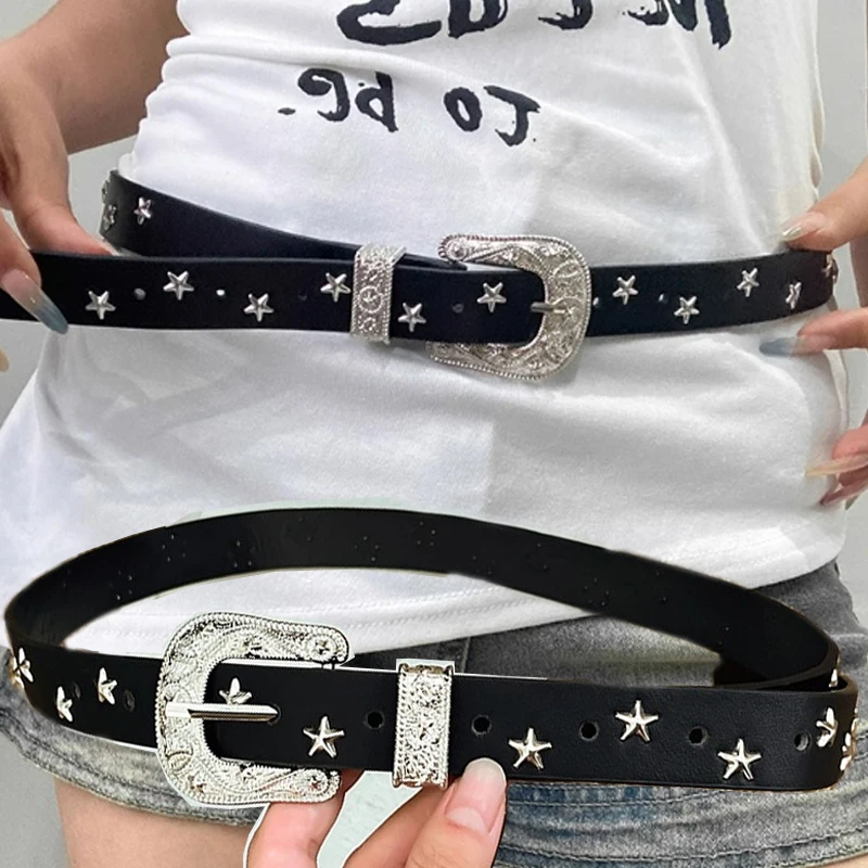 103cm Y2K PU Leather Waist Belt Punk Five-Pointed Star Belts Women Men Star Black White Waist Strap for Jeans Skirt Decoration